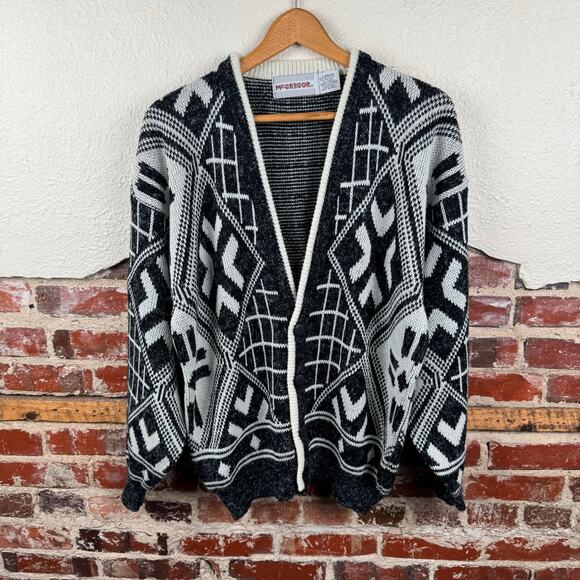 Vintage McGregor Sweater Size Large Black White Geometric Button Up Cardigan 90s - Picture 1 of 5